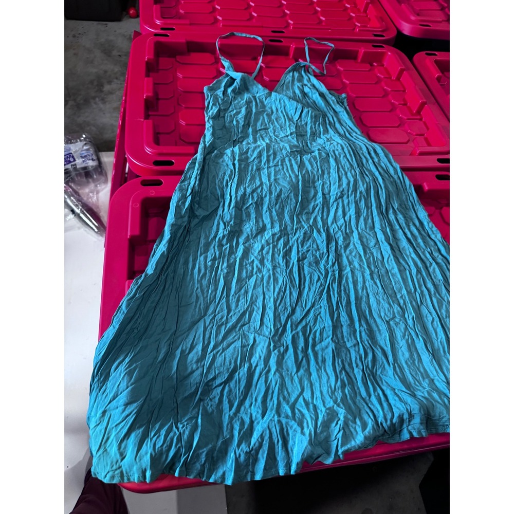 Teal Blue Crinkle Spaghetti Strap V-Neck Midi Dress Womens XL